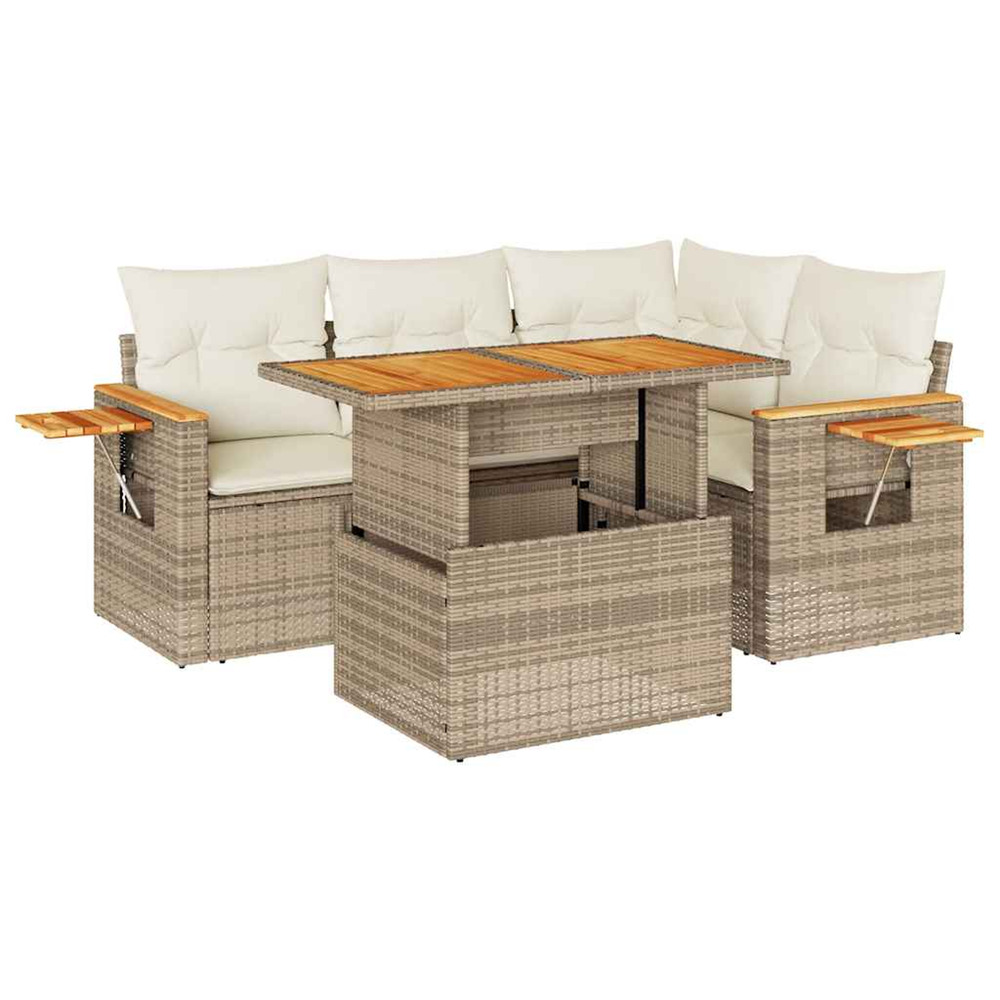 Salon de jardin avec coussins 5 pcs beige résine tressée acacia