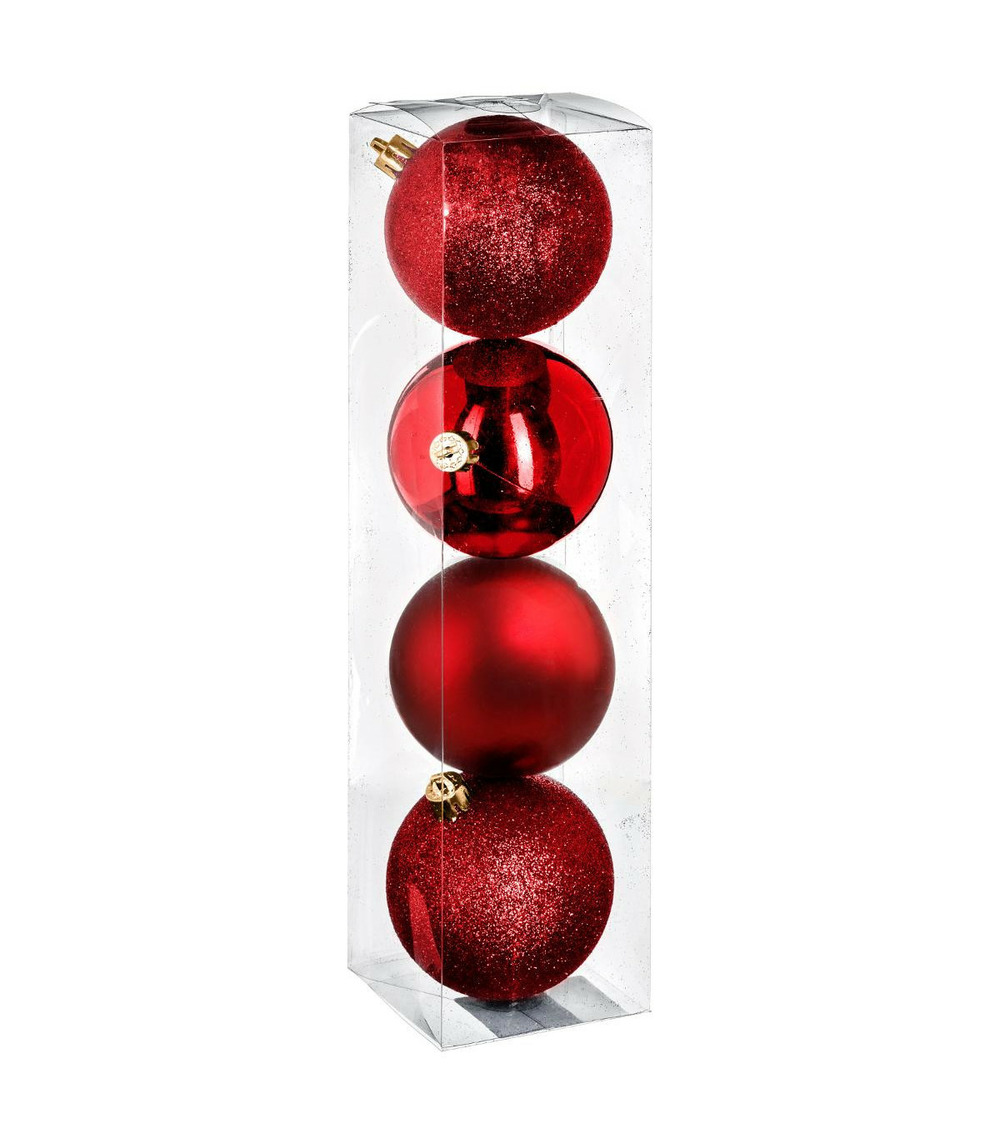Déco de sapin lot de 4 boules de noël d 8 cm - rouge