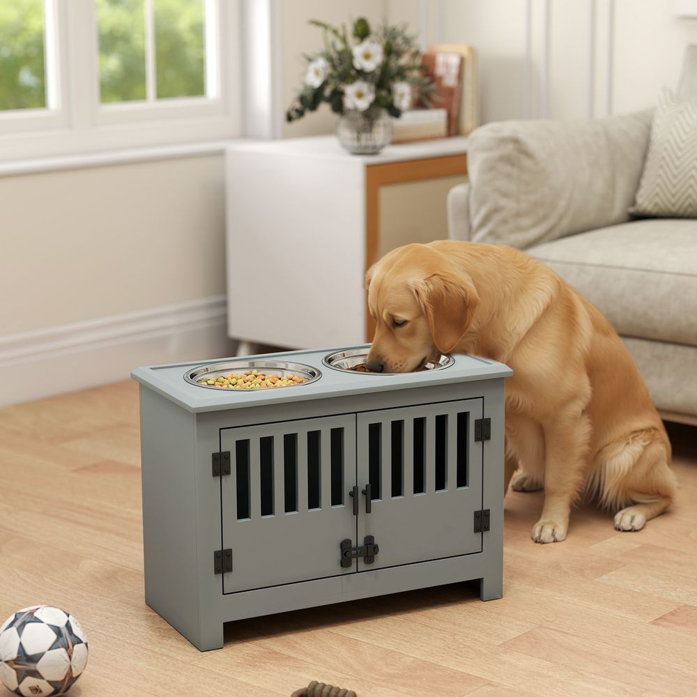 Gamelle surélevée chien avec rangement mdf acier gris 60 x 30 x 43 cm très grands chiens 2 gamelles inox