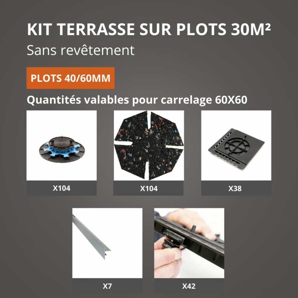 Kit terrasse sur plots sans revêtement 30m² - finition gris aluminium - 40/60 mm - jouplast