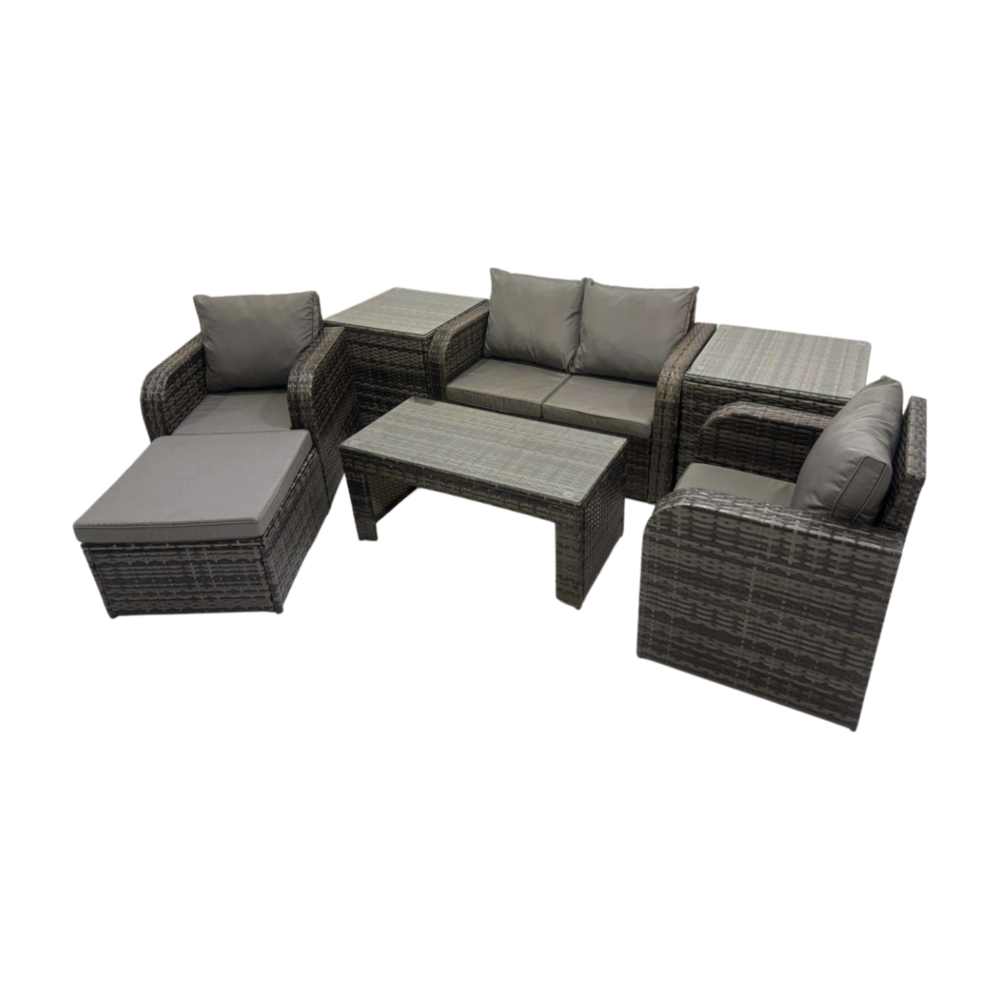 7 pcs ensemble de meubles de jardin en polyrotin avec table basse rectangulaire canapé d'amour 2 tables d'appoint grand tabouret