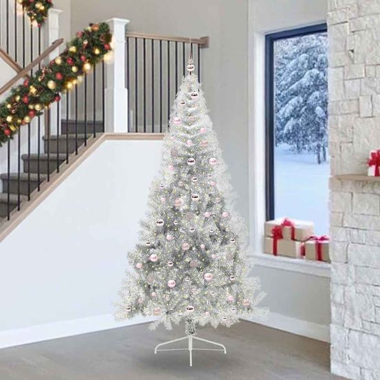 Grand sapin de noël design argenté 2m40, lumineux 300 led et 120 décorations incluses