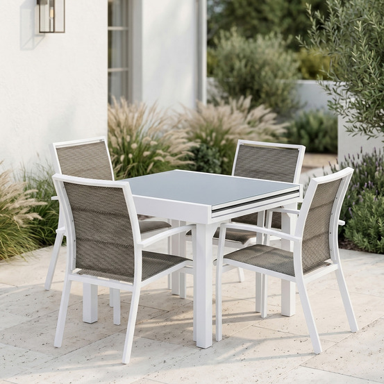 Ensemble modulo 4/8p en aluminium blanc et verre trempé gris perle avec 4 fauteuils en textilène