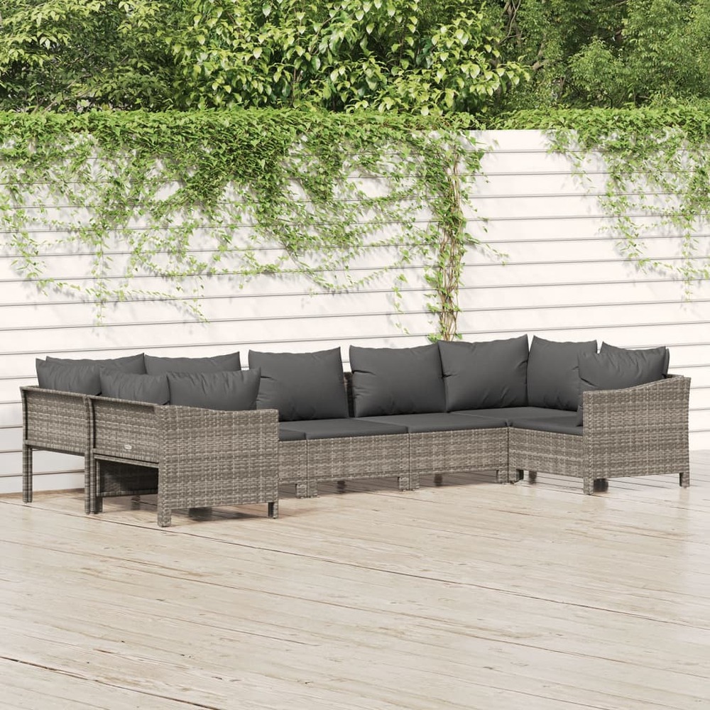 Salon de jardin 7 pcs avec coussins gris résine tressée