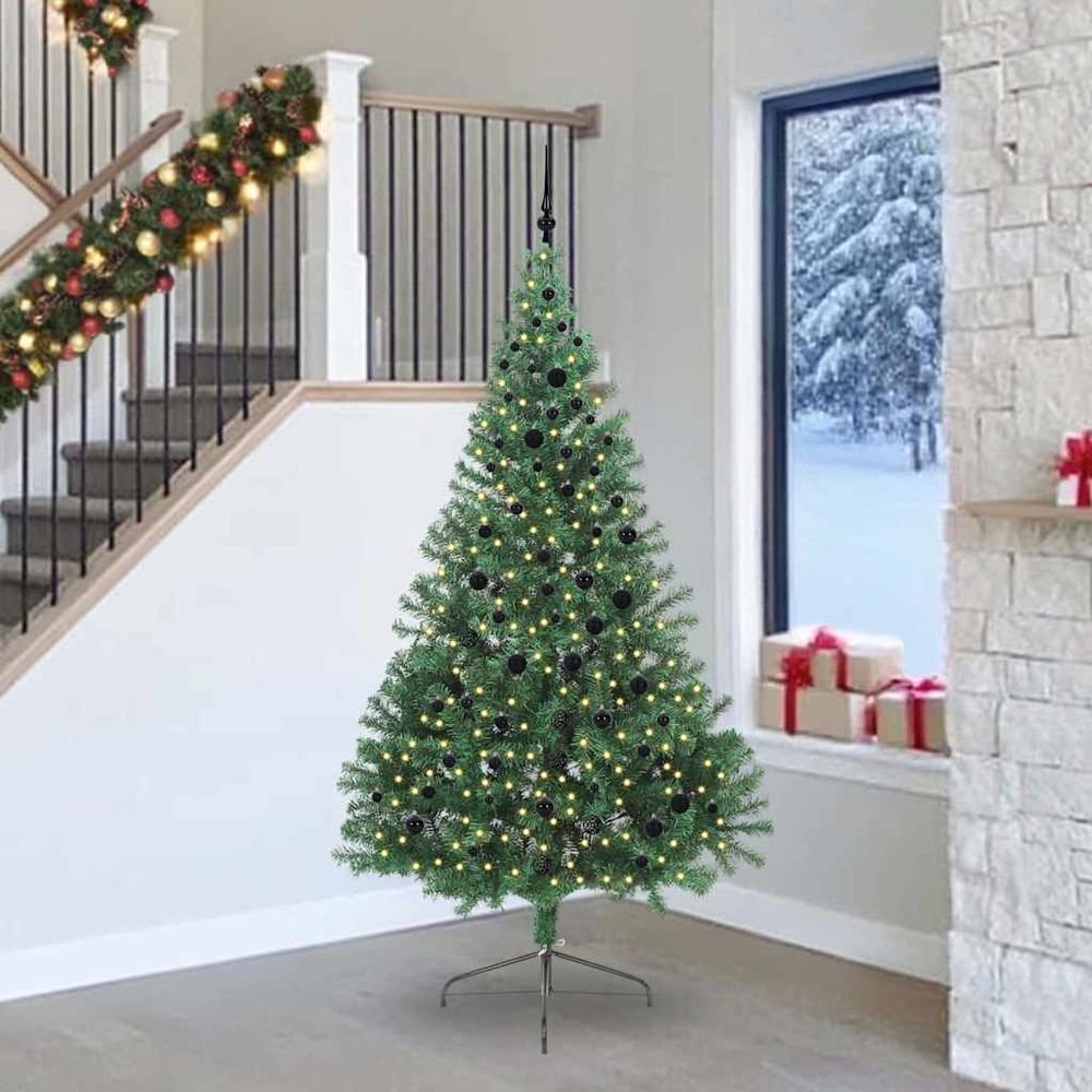 Sapin de noël lumineux 240 cm vert, pré-décoré avec 120 boules & cimier inclus