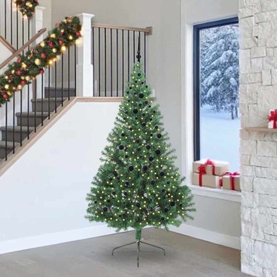 Sapin de noël lumineux 240 cm vert, pré-décoré avec 120 boules & cimier inclus