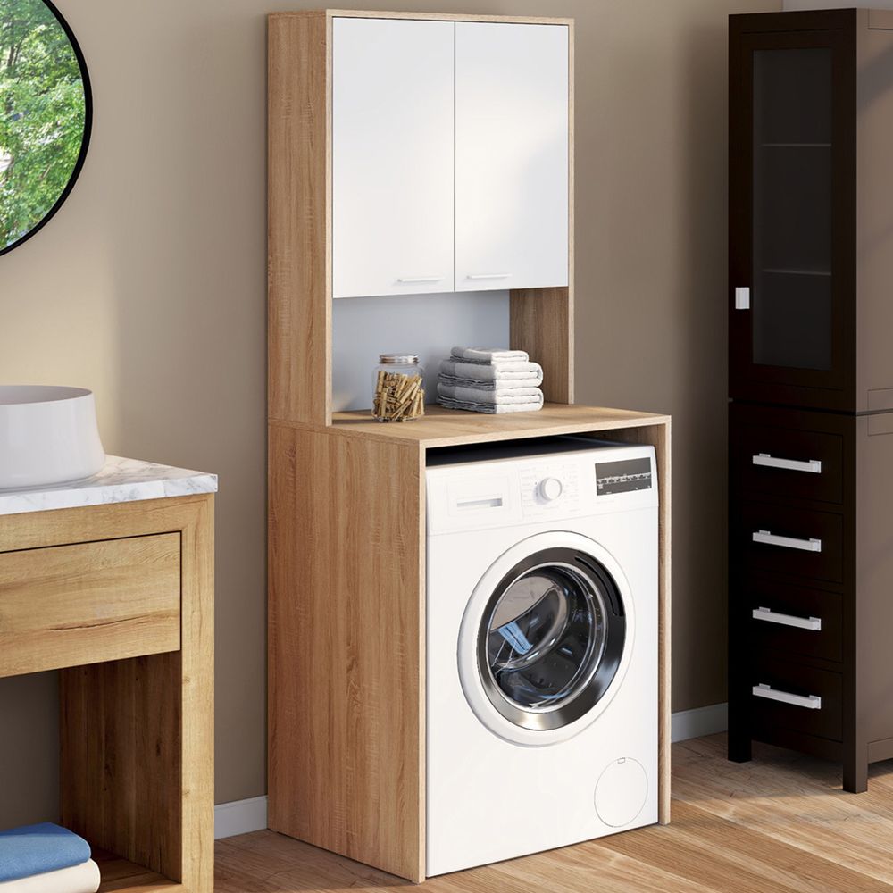Meuble dessus de machine à laver wallis avec placard bois façon hêtre et blanc