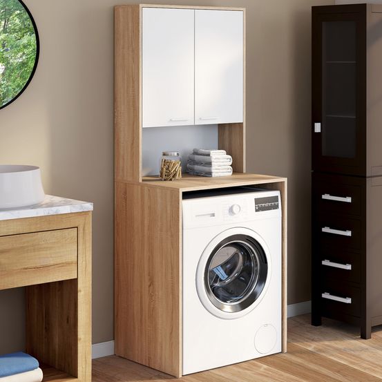 Meuble dessus de machine à laver wallis avec placard bois façon hêtre et blanc