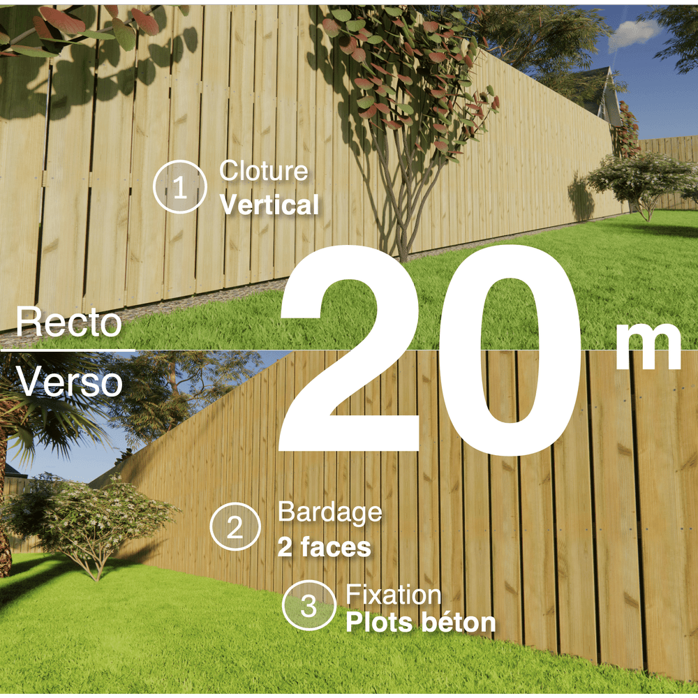 Kit clôture bois moderne 20m – h 2,3m – 21 x 145 mm autoclave vert – pose vertical – double face – à sceller