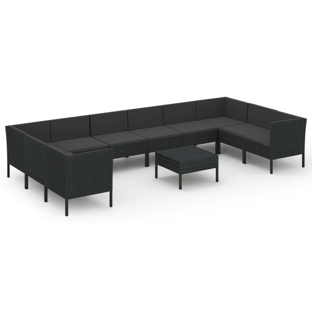 Salon de jardin 11 pcs avec coussins résine tressée noir