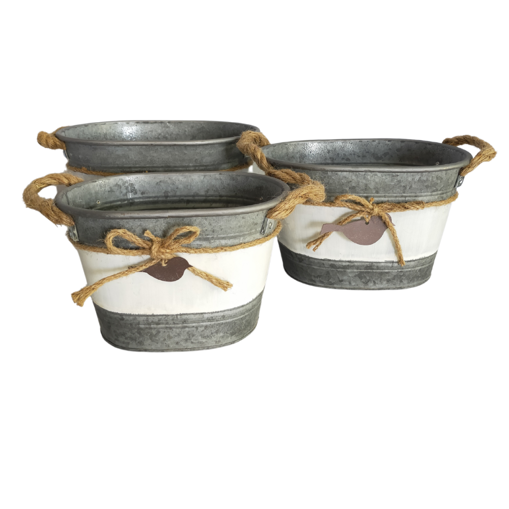 ~set3 jardinières extérieures bassine métal gris 26.5-30.5-33.5cm