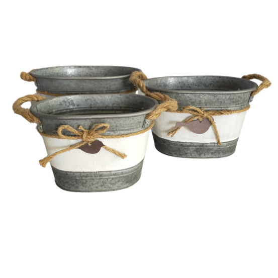 ~set3 jardinières extérieures bassine métal gris 26.5-30.5-33.5cm
