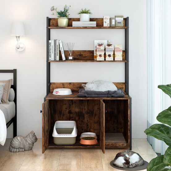 Meuble pour litière chat maison de toilette avec étagère de rangement bois et métal marron