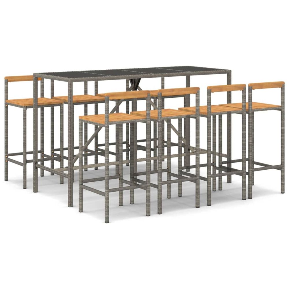 Ensemble de bar jardin 9 pcs gris poly rotin/bois massif acacia