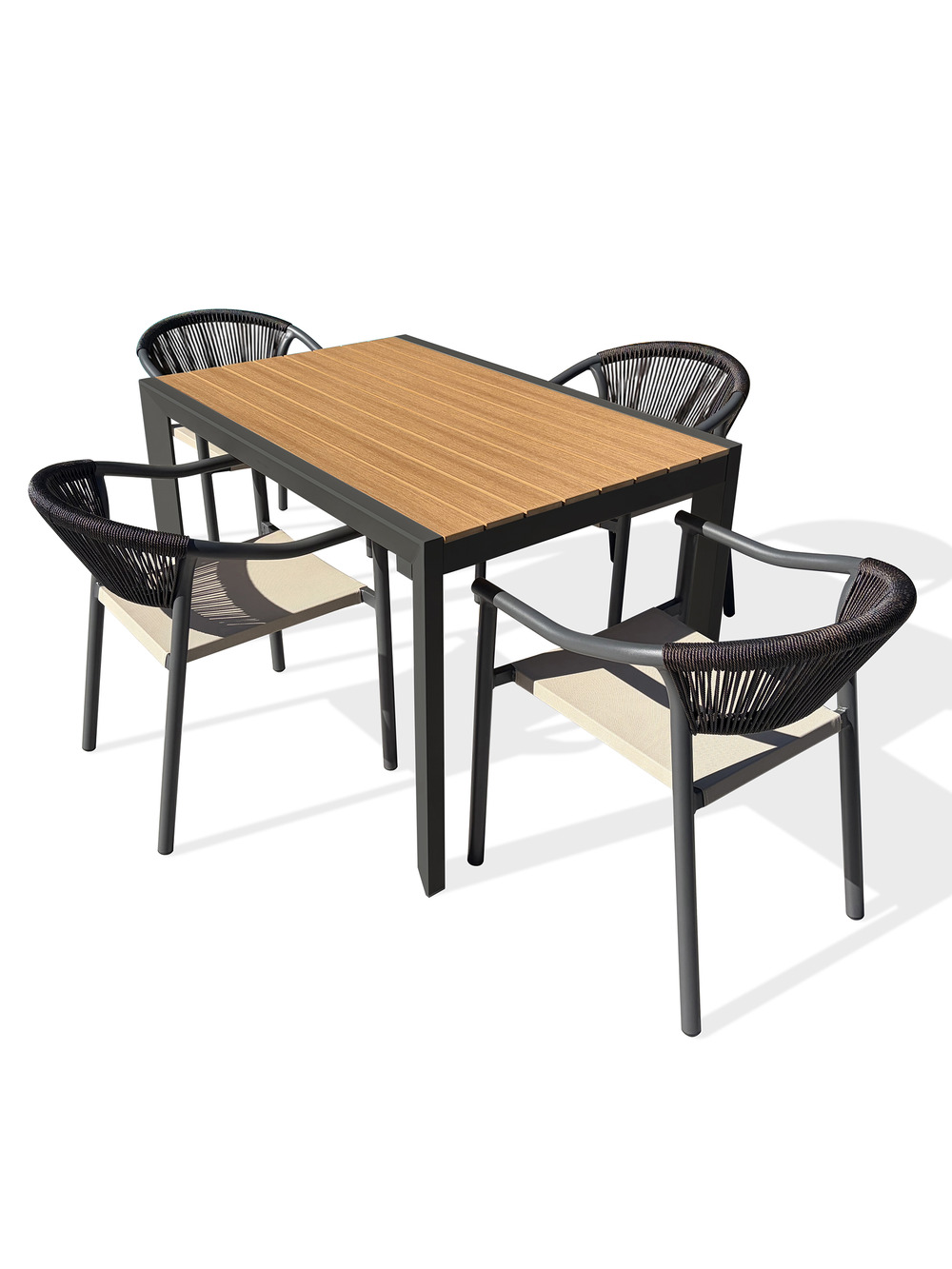 Ensemble repas d'une table de jardin tonga (120x80 cm) en aluminium et plateau polywood aspect bois