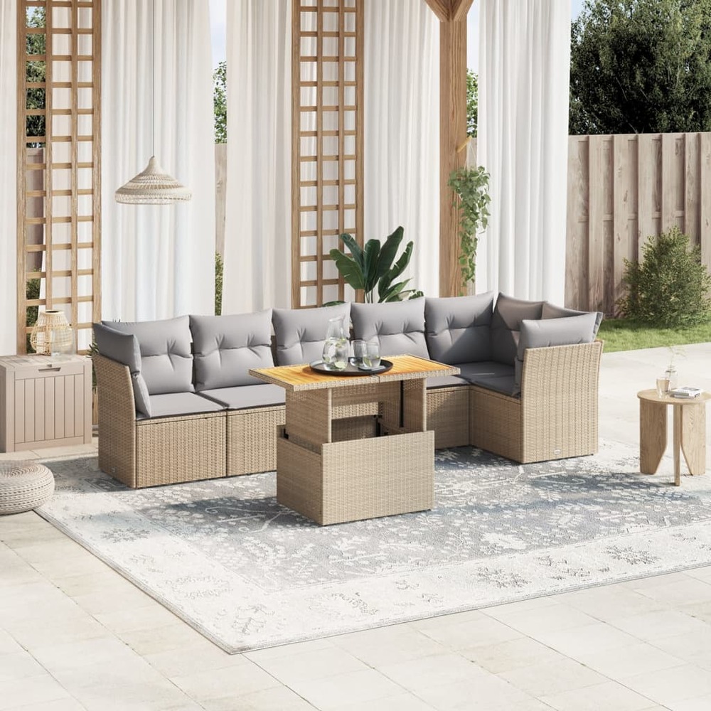 Salon de jardin avec coussins 7 pcs beige résine tressée