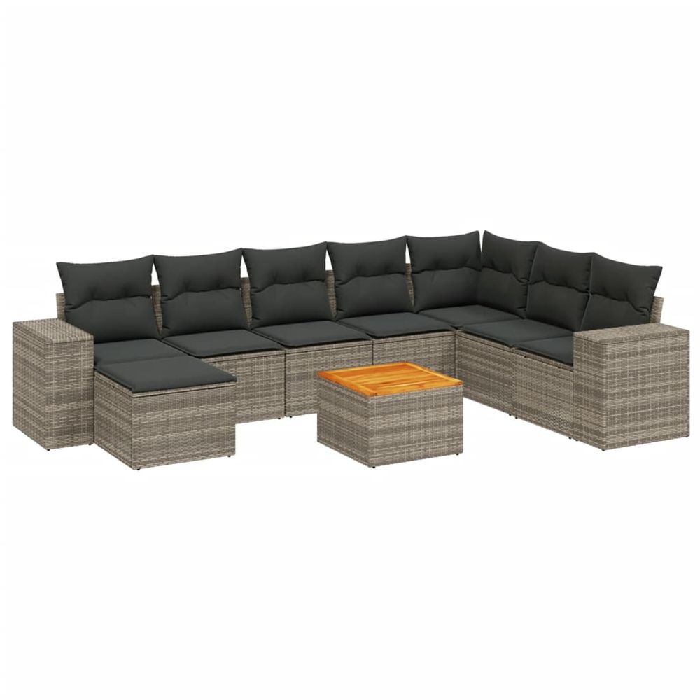Salon de jardin 9 pcs avec coussins gris résine tressée