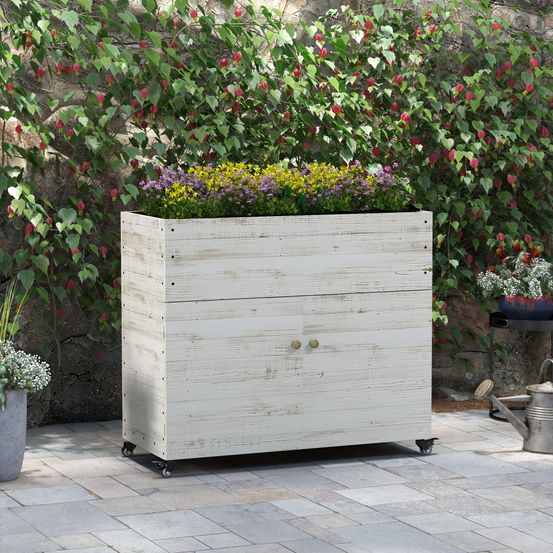 Carré potager sur pied bois massif balcon jardin avec rangement 110x50x95cm blanc