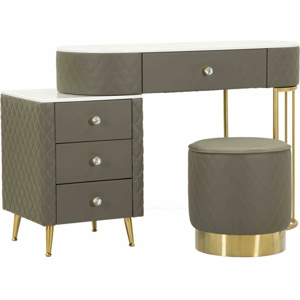 Coiffeuse effet matelassé avec tabouret sharon gris et doré