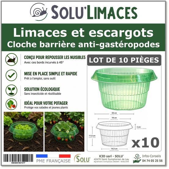 Solu'limaces- 10 cloches barrières anti-limaces et escargots - salades, fraisiers, choux- ø 23 cm