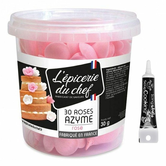 30 roses rose en papier azyme + stylo de glaçage noir