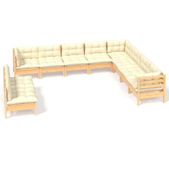 Salon de jardin 10 pcs avec coussins crème bois de pin massif