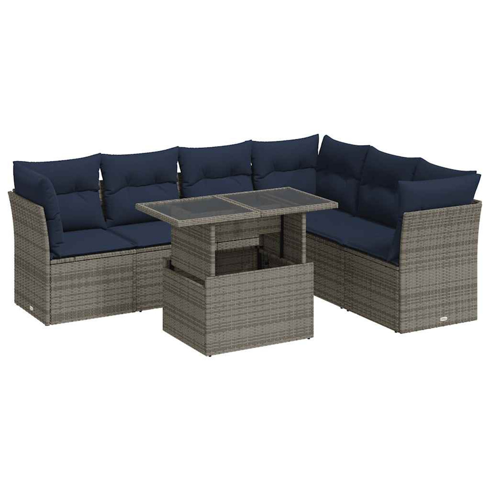 Salon de jardin avec coussins 7 pcs noir résine tressée acacia