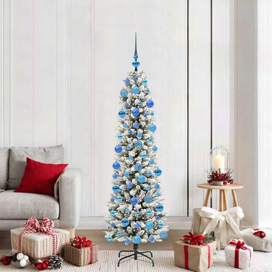 Sapin artificiel décoré 180 cm, style moderne vert et blanc, 300 led et 120 boules