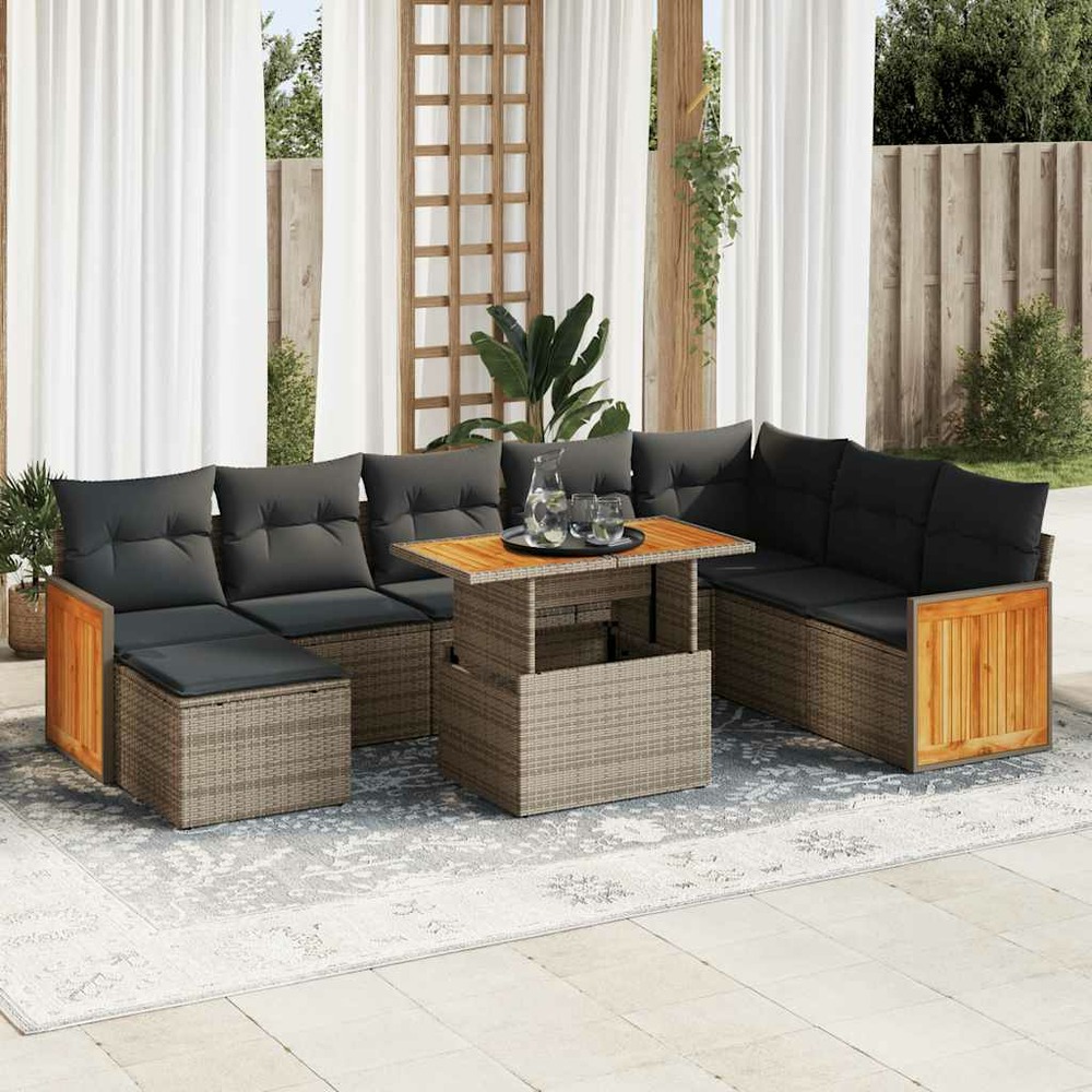 Salon de jardin avec coussins 9 pcs gris résine tressée acacia