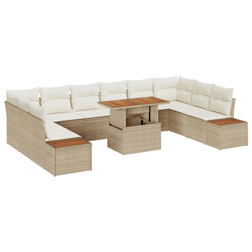 Ensemble de dîner de jardin 11 pièces avec coussins beige poly rotin acacia