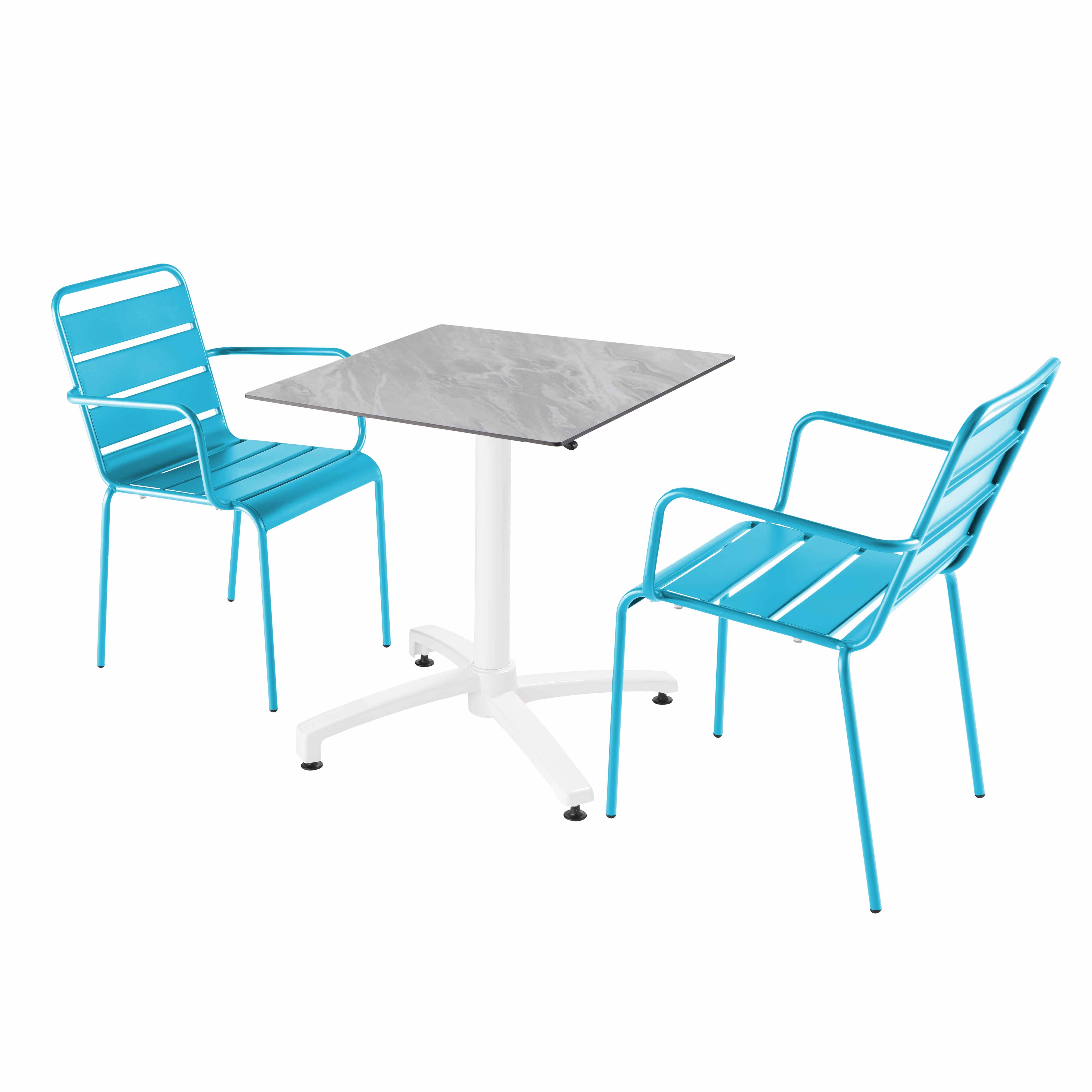 Ensemble table de terrasse stratifié marbre et 2 fauteuils bleu