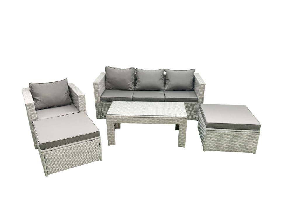 Salon de jardin ensemble avec coussins gris 6 places avec 2 grand tabourets et table basse