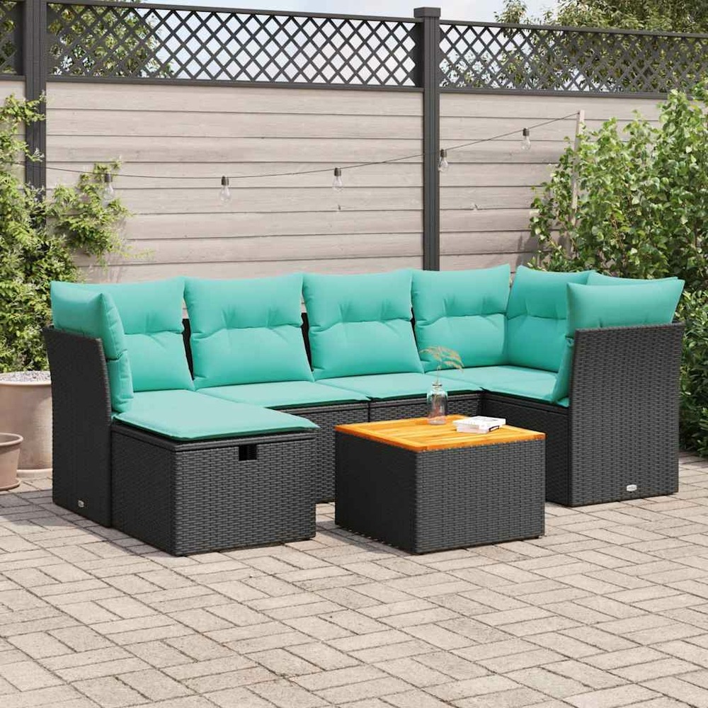 Salon de jardin 7 pcs avec coussins noir résine tressée