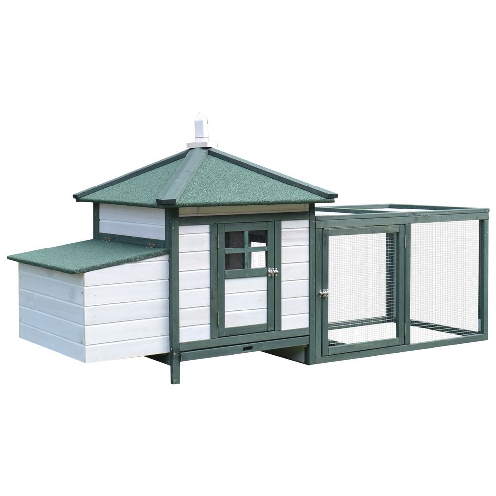 Poulailler jardin bois pin massif volière nichoir 196x76x97cm vert blanc