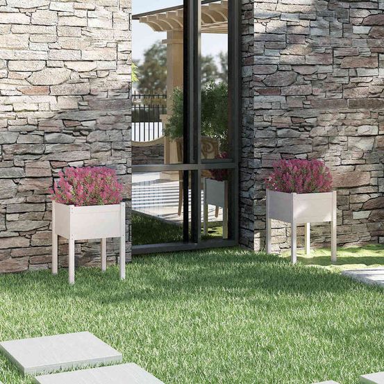 Lot de 2 grandes jardinières hautes en pin massif blanc 50x50x70 cm