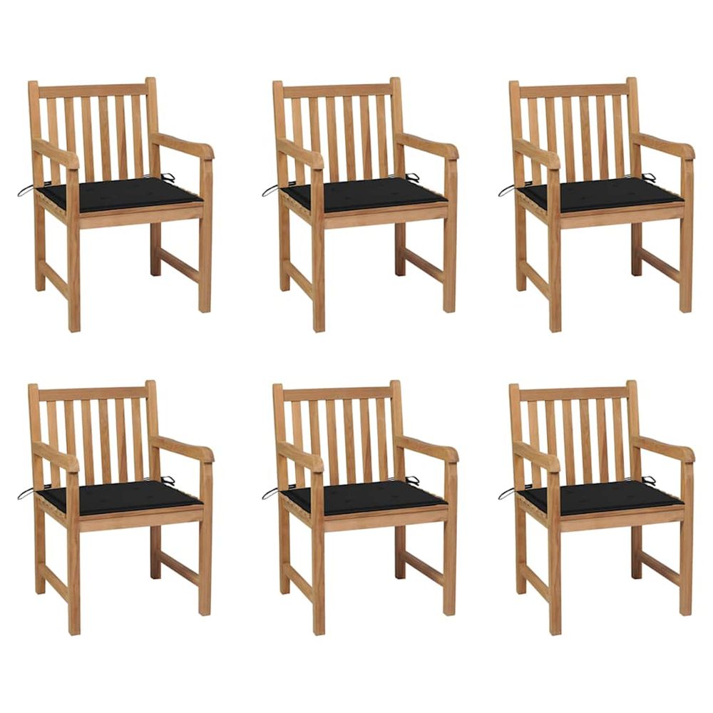 Chaises de jardin lot de 6 et coussins noir bois de teck massif