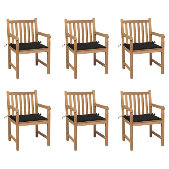 Chaises de jardin lot de 6 et coussins noir bois de teck massif