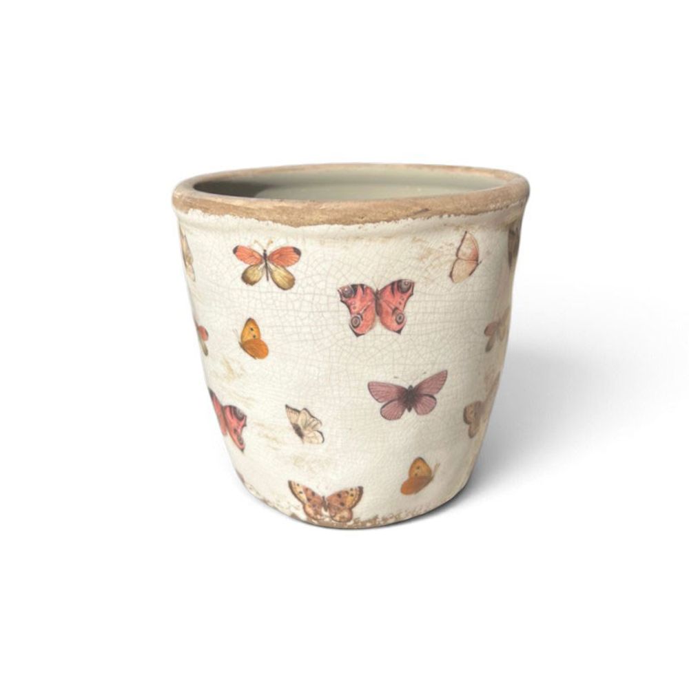 Pot de fleurs d'intérieur beige papillons 11x10cm