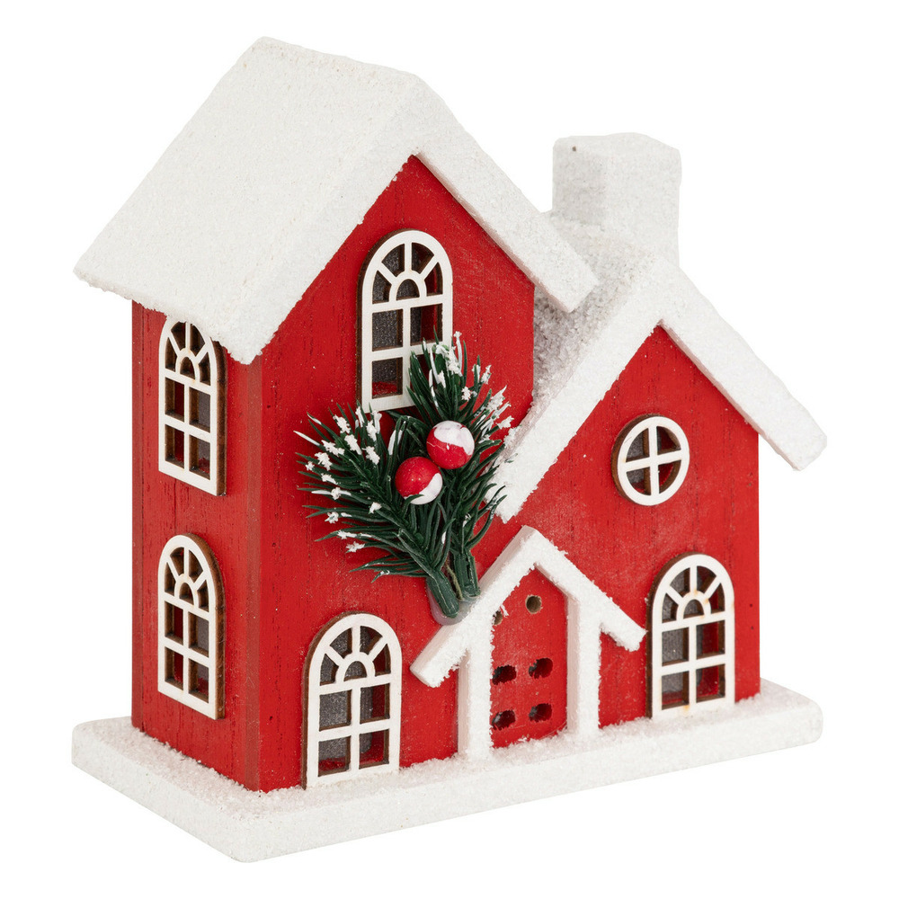 Déco lumineuse maison enneigée en bois rouge 6 led blanc chaud h 16 cm