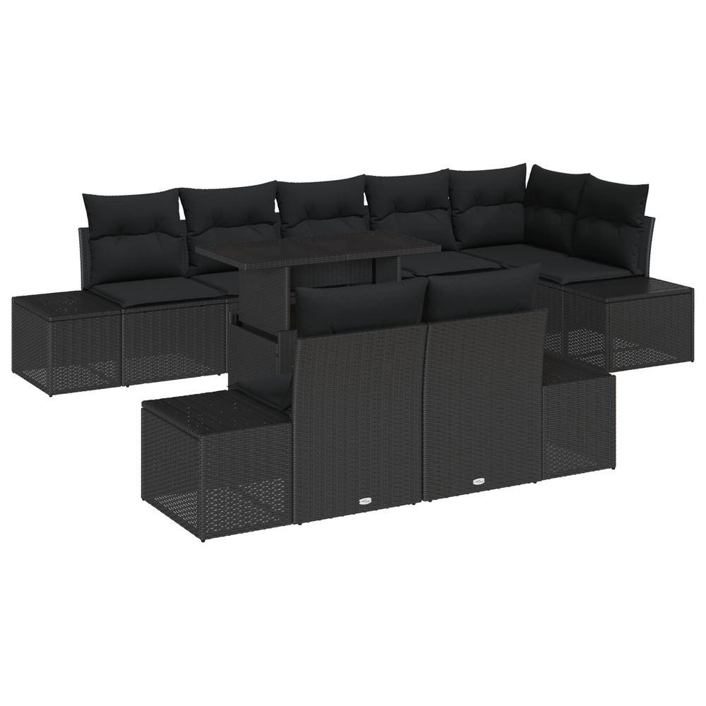 Ensemble de jardin 9 pièces avec coussins en poly rotin noir