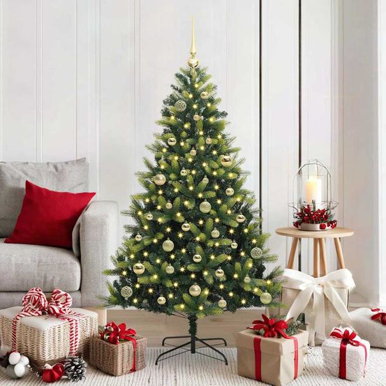 Sapin de noël artificiel décoré 1.5m, illumination led intégrée et 61 boules