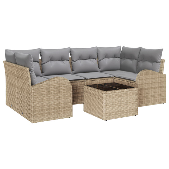 Ensemble de canapé de jardin 7 pièces avec coussins beige poly rattan