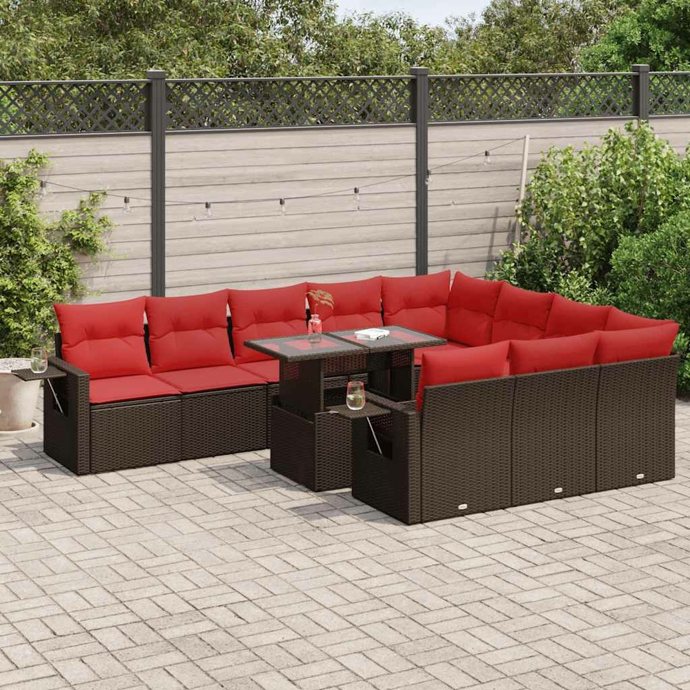 Salon de jardin et coussins 11 pcs marron résine tressée acacia