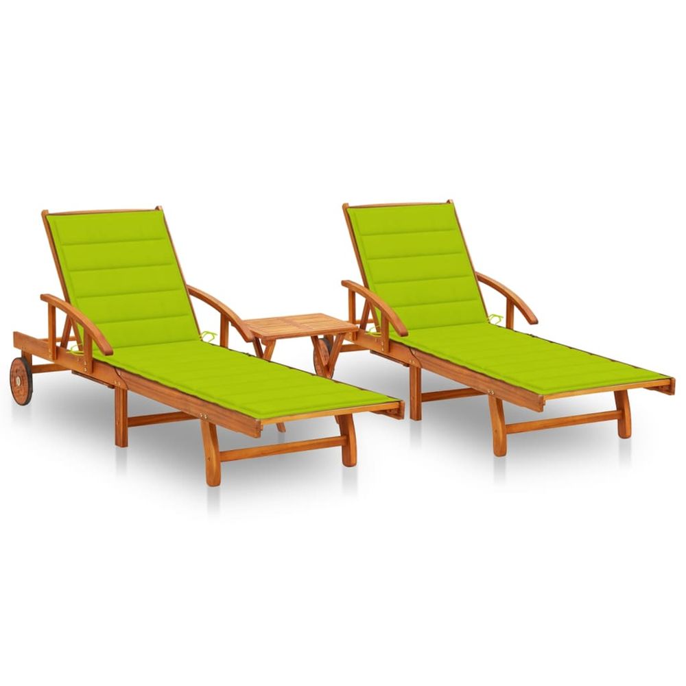 Chaises longues lot de 2 avec table et coussins acacia solide