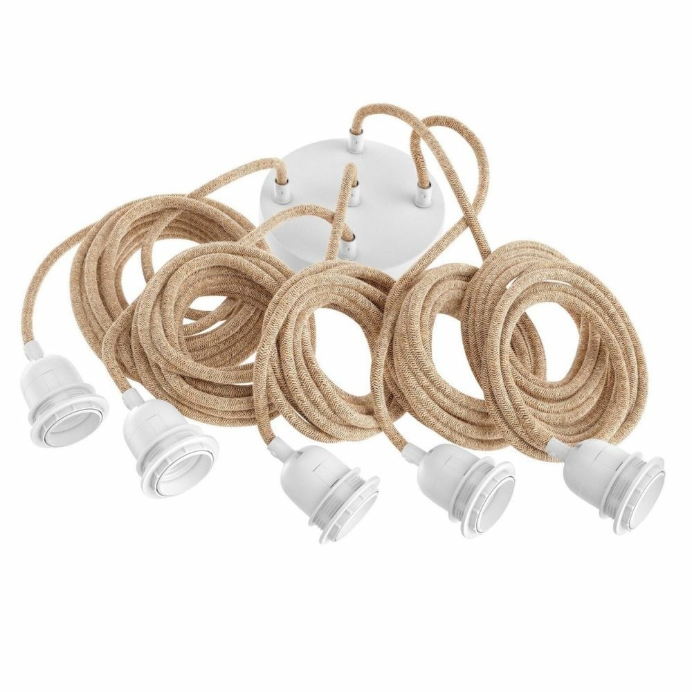 Suspension hang luminaire 5 cordes - chanvre douilles blanches