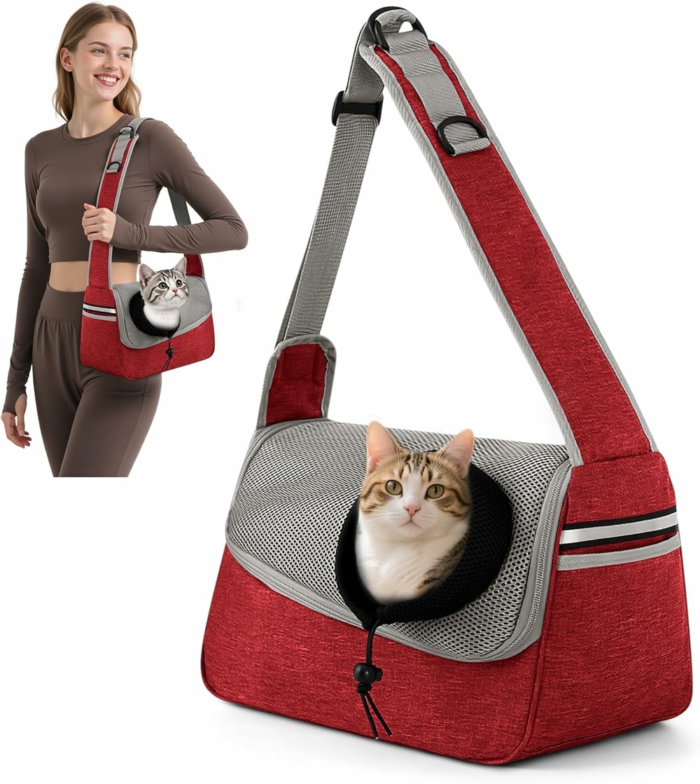 Sac de transport ajustable à bandoulière pour animaux gris rouge