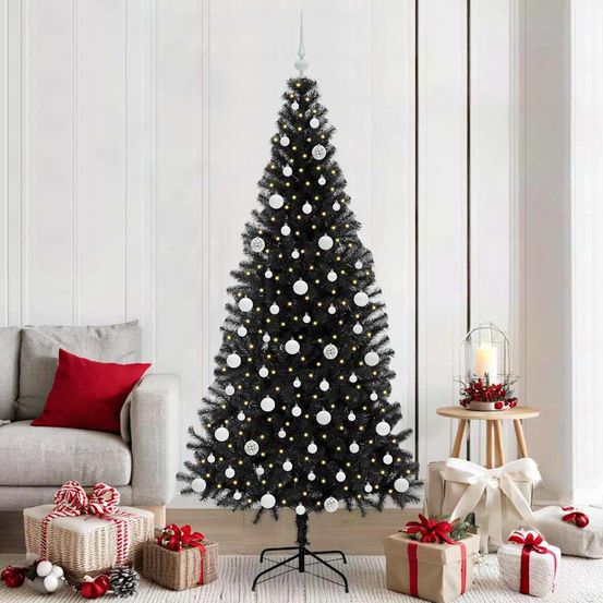 Sapin de noël artificiel noir 210 cm, kit décoration complet avec 300 led et 120 boules