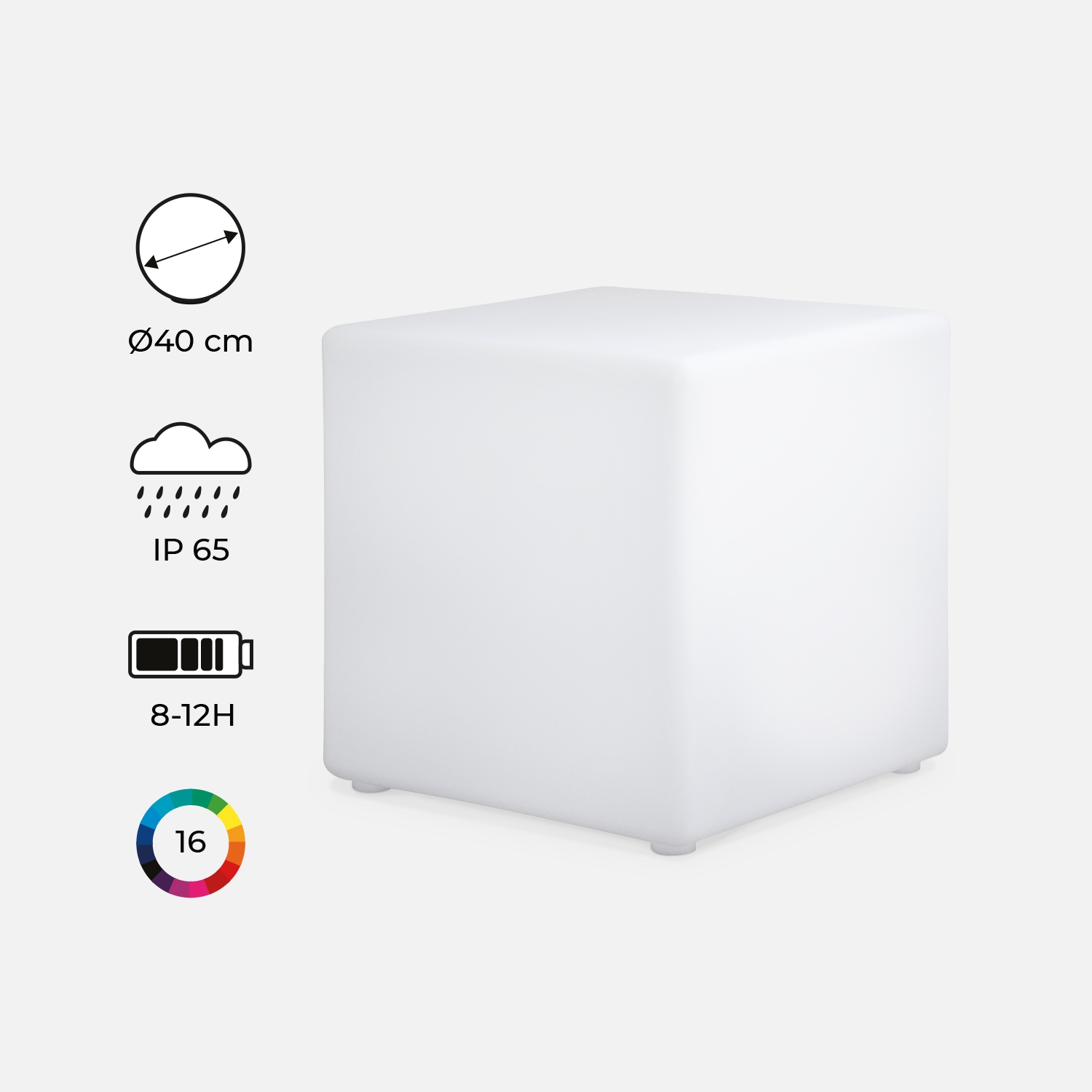 Cube led 40cm - cube décoratif lumineux. 16 couleurs. 40cm. Rechargeable. Télécommande