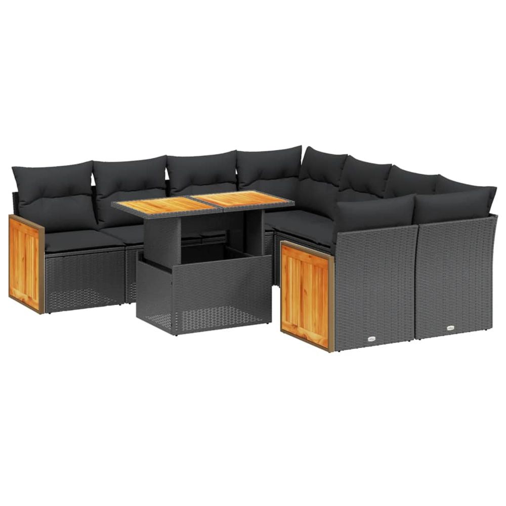 Salon de jardin 9 pcs avec coussins noir résine tressée