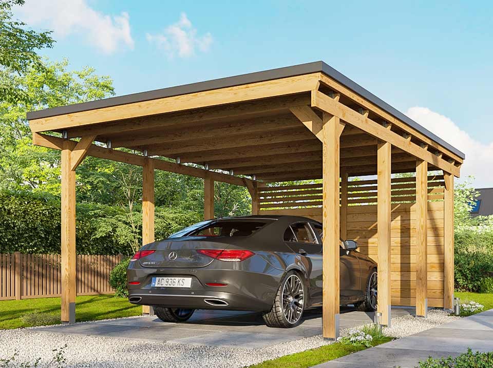 Carport bois castellane - 373x555 - panneau de fond intégré - toiture en bois + feutre bitumeux - abri 1voiture